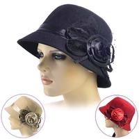 Felt Cloche Hat with Lace and Satin Flower