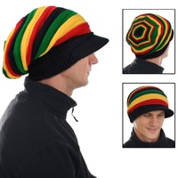 Rasta Stripe Slouchy Beanie with Visor – Knitted Reggae Hat