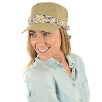 Cadet Fashion Cap | Camel with colourful ink splash print band and bow | XS/S