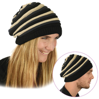 Colour Contrast Slouch Rasta Beanie Beige and Black