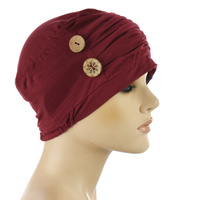 BAMBOO RUCHED TURBAN - RACHEL | Red - Wine Burgundy With Two Buttons
