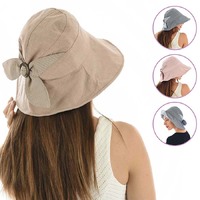 Packable Sun Hat with Pin Striped Bow and Buckle - Helen