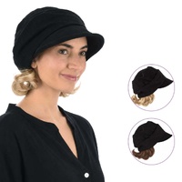 Black Linen Ruched Hat with Attached Hair